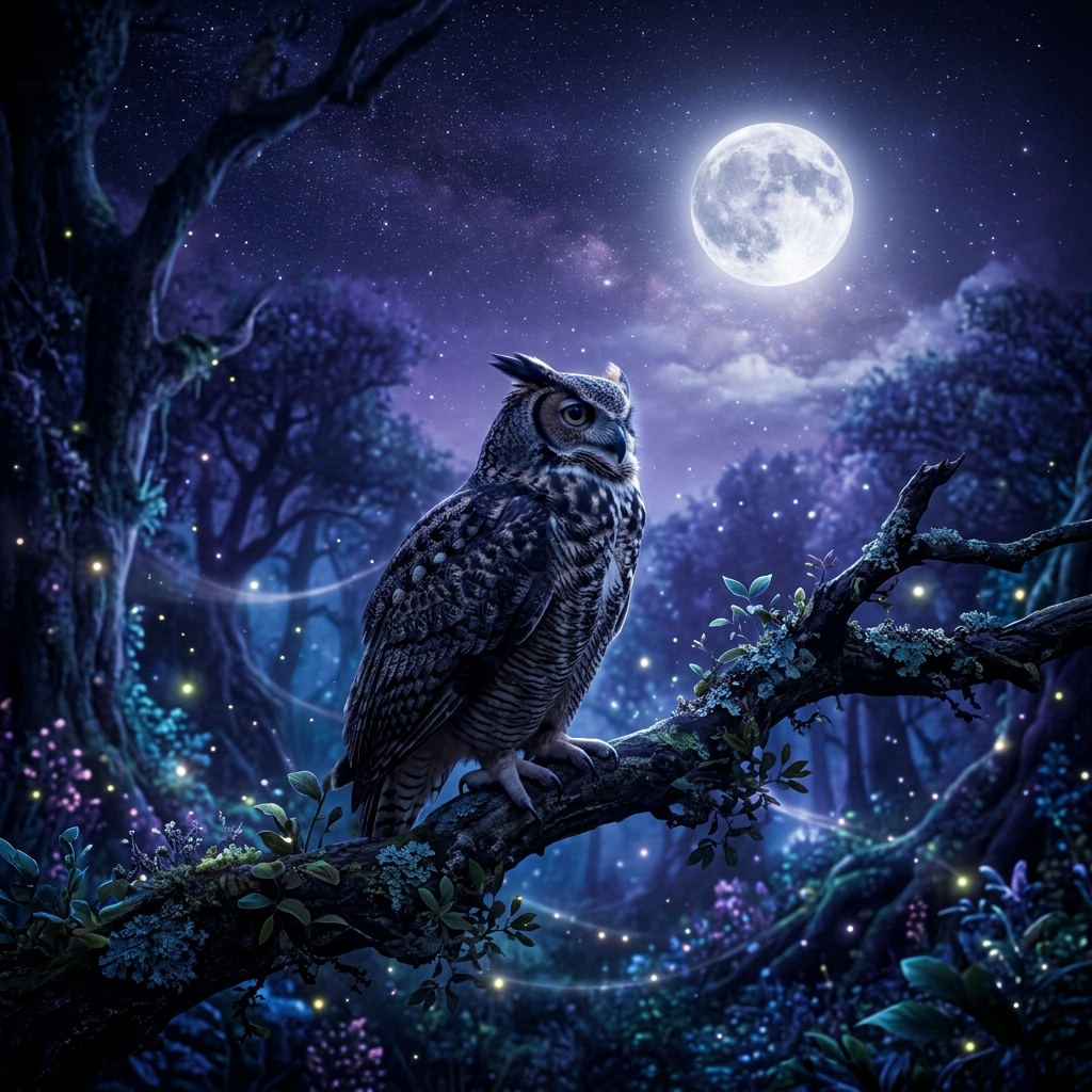 Hibou sous la lune